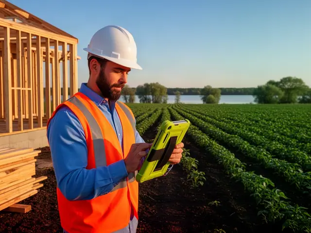 Bearded builder in a white hard hat and orange vest checking a lime-green tablet beside a wood-framed building and crop rows