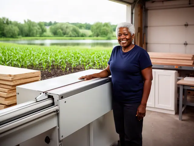 Smiling woman with short silver hair resting her hand on a new light-grey woodworking machine in her cabinet shop