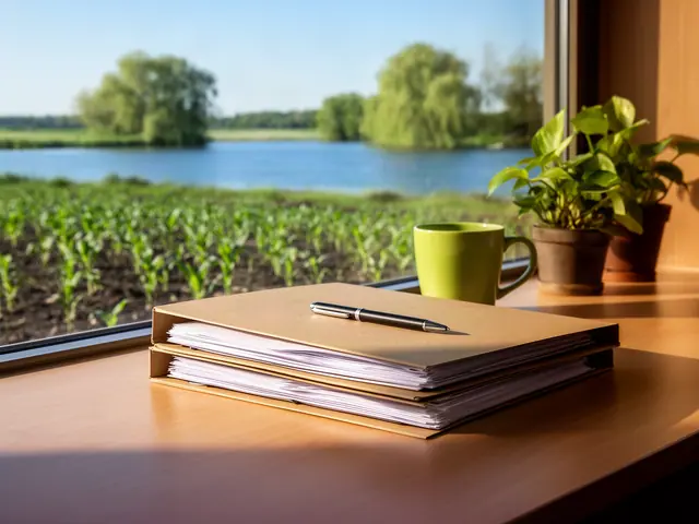 Two kraft binders of papers with a pen on a desk by a window overlooking young corn and a lake
