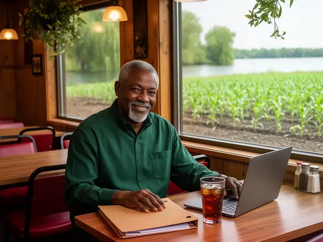 Smiling older man in a green shirt at a diner booth with a laptop, kraft folder and iced tea by a window