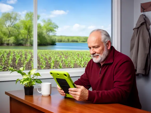 Grey-bearded man in a burgundy quarter-zip reading a lime-green tablet at an oak desk by a lake window