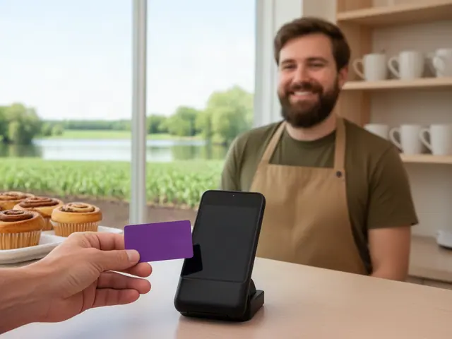 Customer hand holding a purple card toward a black payment terminal at a bakery counter, smiling baker behind