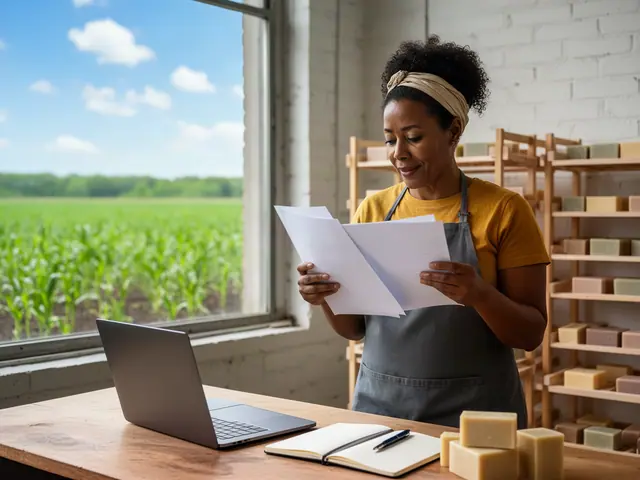 Woman in a headwrap and grey apron reviewing papers in her soap-making studio with a laptop and notebook